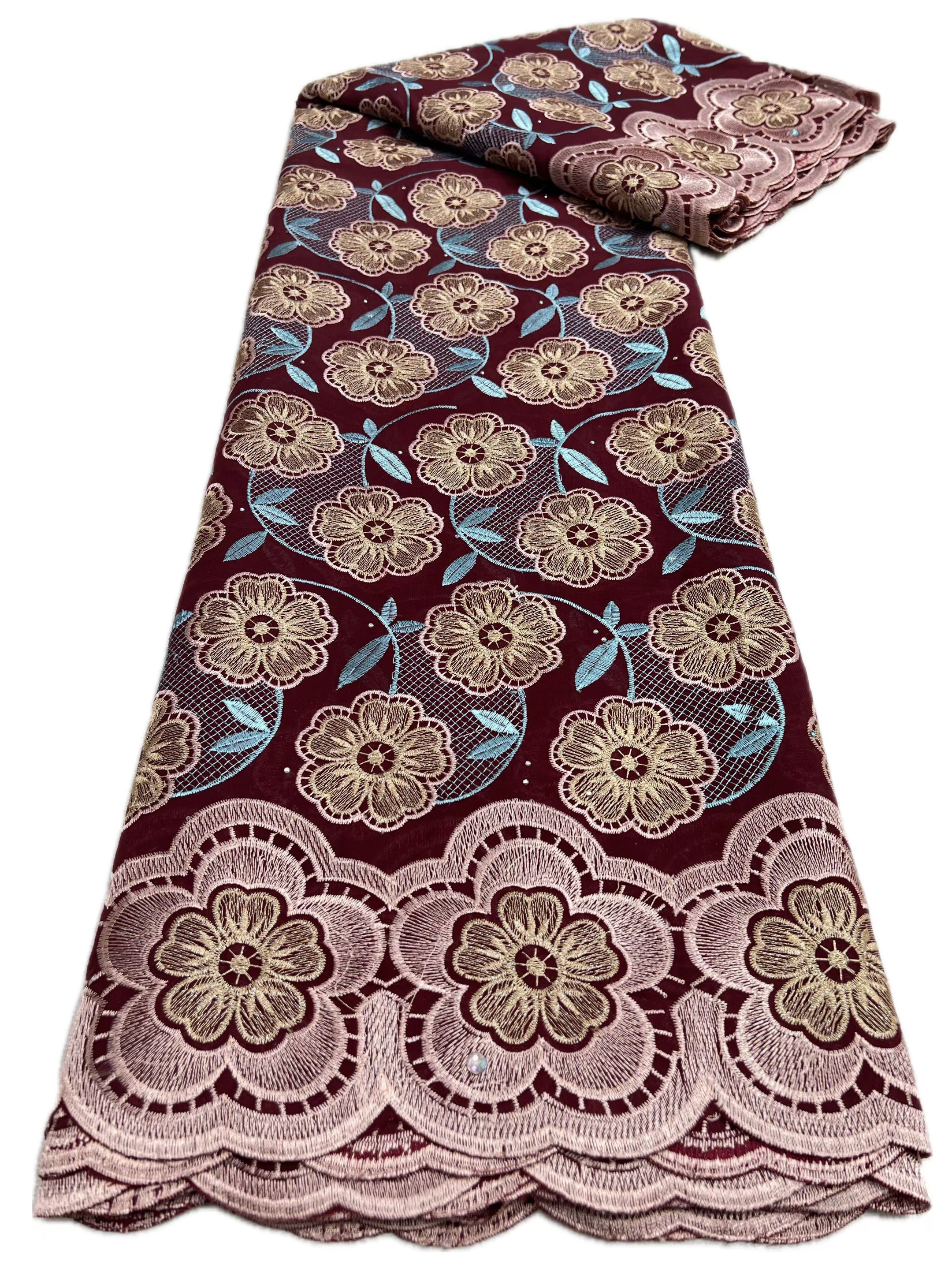 Tecidos de renda de algodão de cetim africano 2025 tecido de renda voile suíço de alta qualidade com pedras tecido de renda nigeriana para vestido: Chocolate