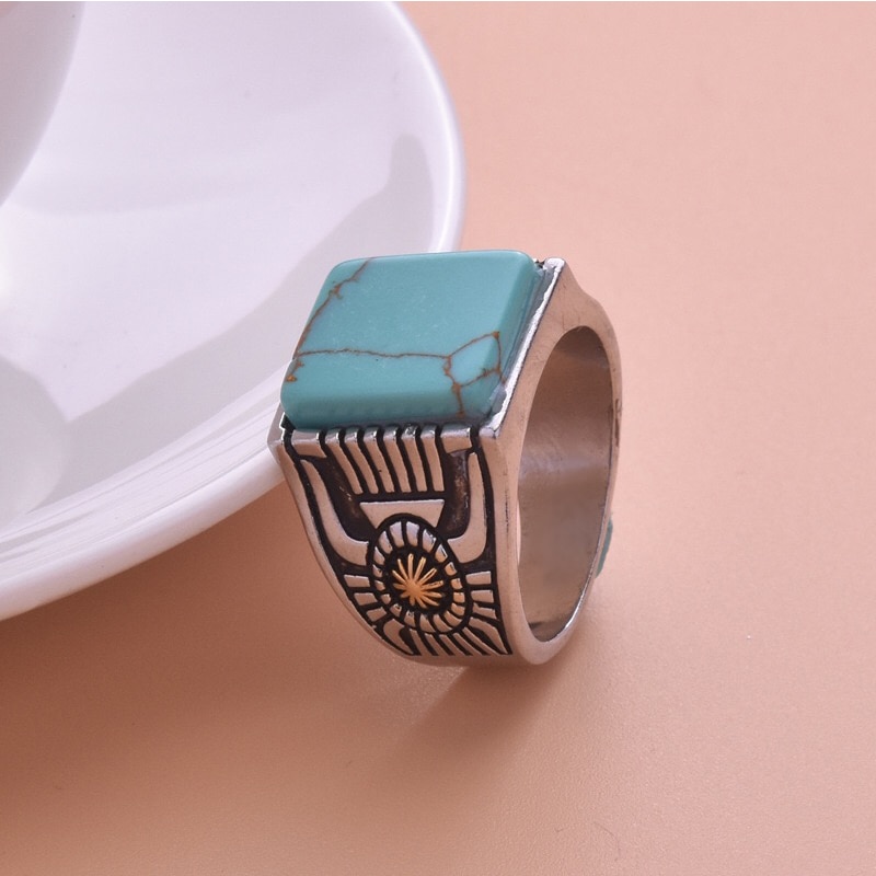 Boho Stamm Geometrische Platz Türkisen Verkrustete Stein Ringe Jahrgang Antike Handgemachte Geschnitzte Blume Ringe Indische Schmuck