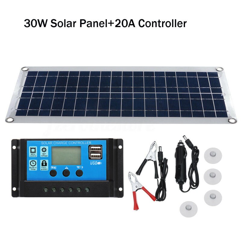 Solcellepanel batterioplader celle 12v 30w sæt komplet solenergisystem usb bærbar fleksibel genopladelig camping + controller: Med 20a controller