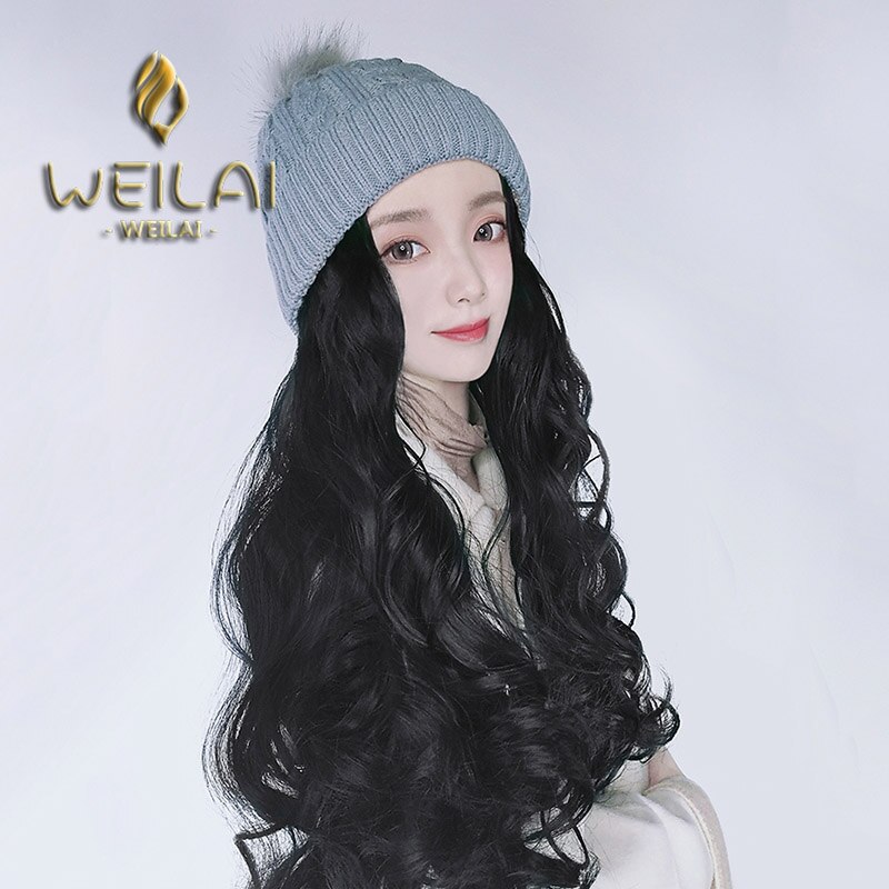 Peluca WEILAI de mujer de pelo largo de otoño e invierno coreano más terciopelo acolchado de punto de felpa Peluca de sombrero una mujer de pelo largo rizado ondas