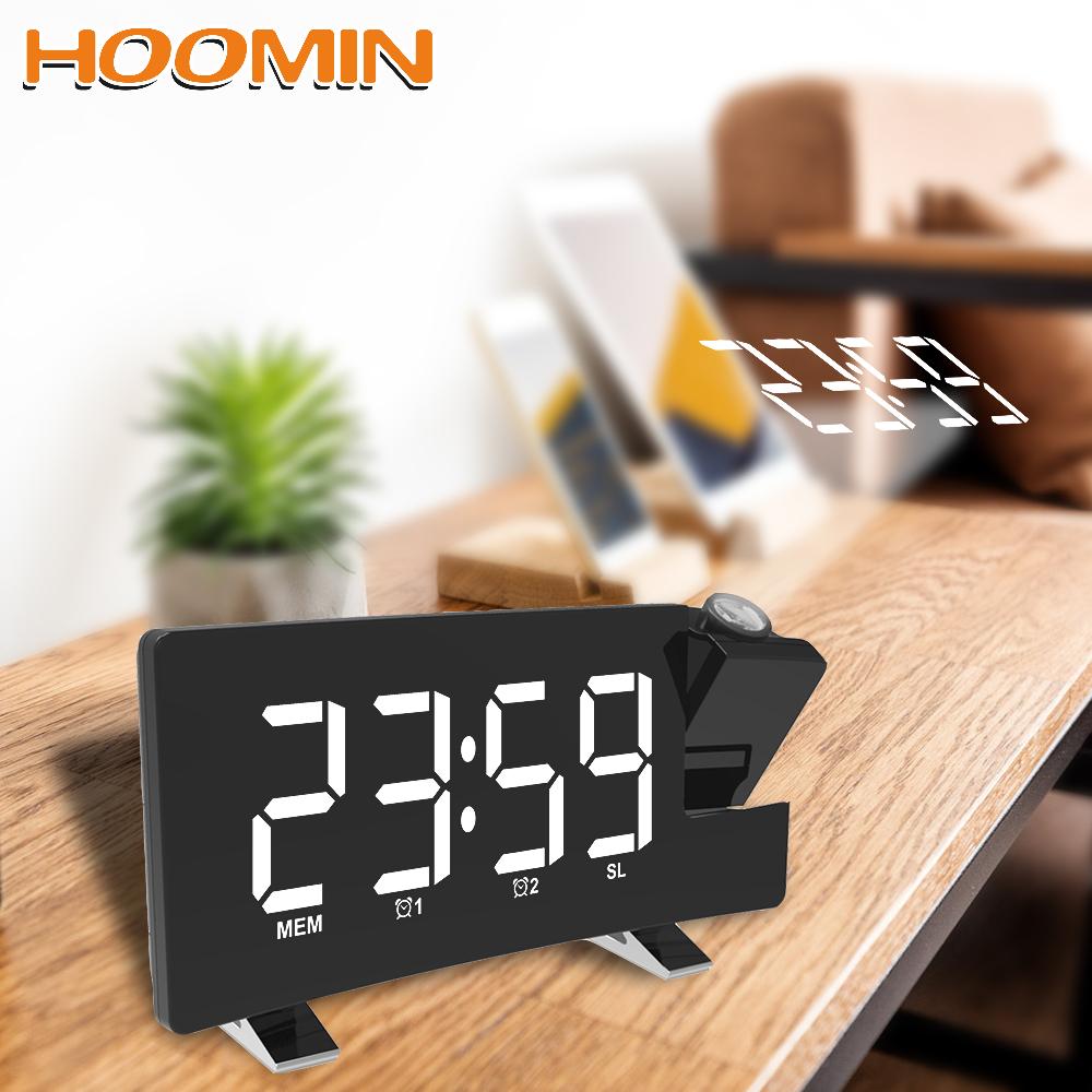 HOOMIN Digital LED Clock Rotating Backlight Projector FM Radio USB Projection Backlight Snooze Alarm Clock Timer