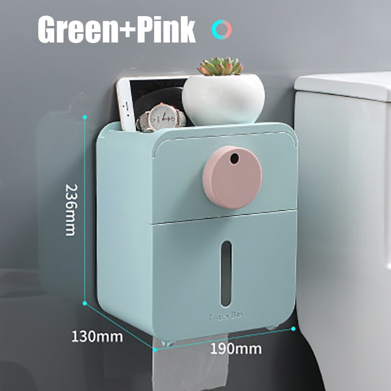 Baispo dobbeltlags tissueboks i toilet vægmonteret papirholder drænbar servietholder wc organizer badeværelsestilbehør sæt: Grøn-lyserød