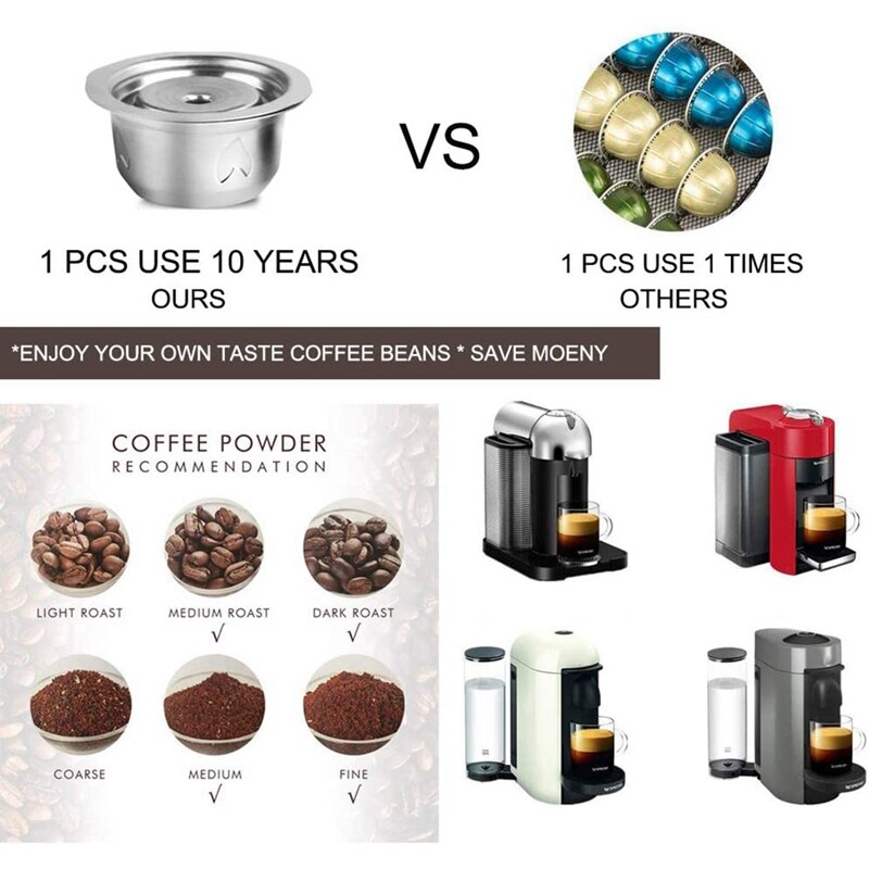 Upgraded Stainless Steel Coffee Capsule for Nespresso Vertuoline GCA1 & Delonghi ENV135 with Aluminum Lids