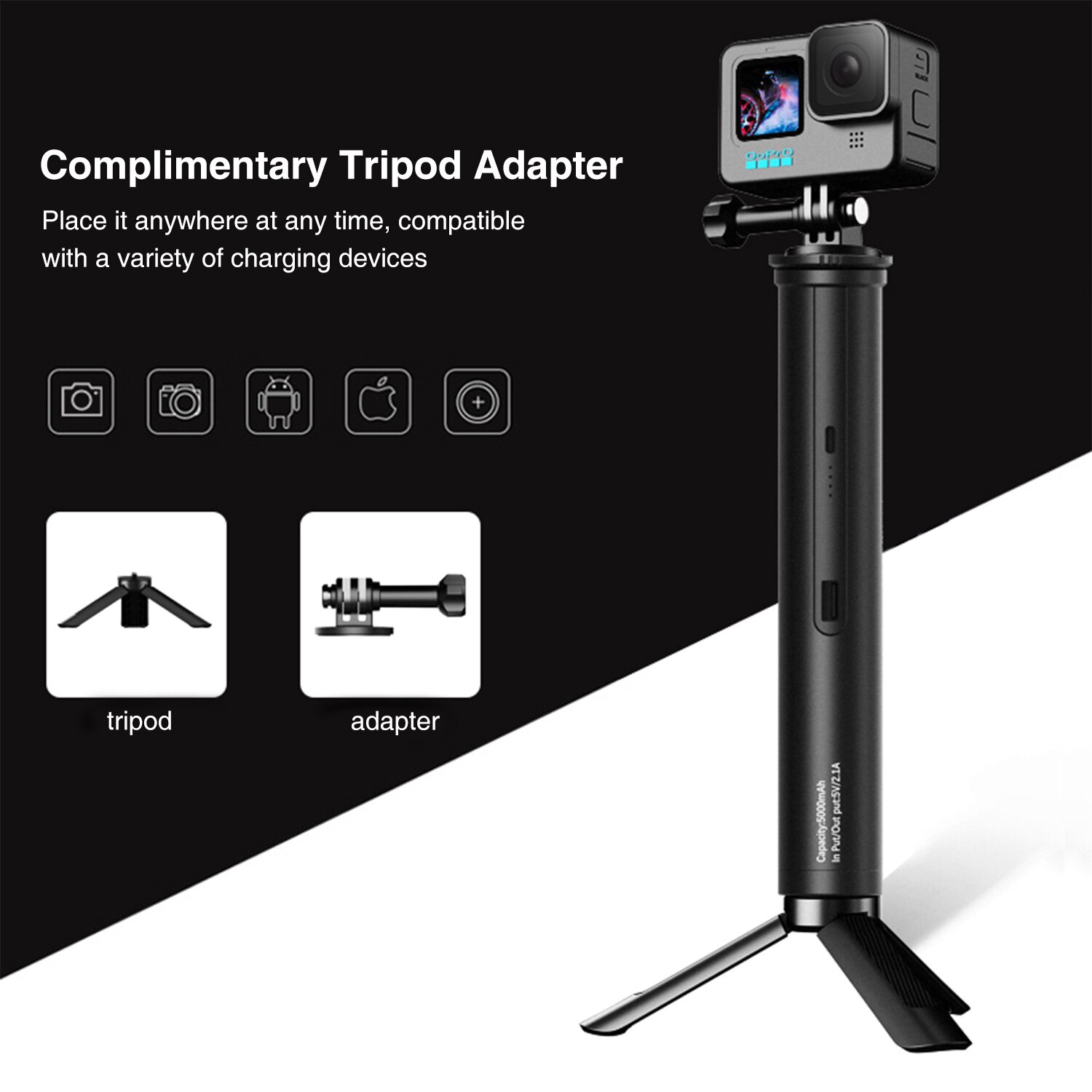 Håndgreb batteri til  go 4800 mah batterioplader powerbank greb håndholdt monopod selfie stick til action kamera