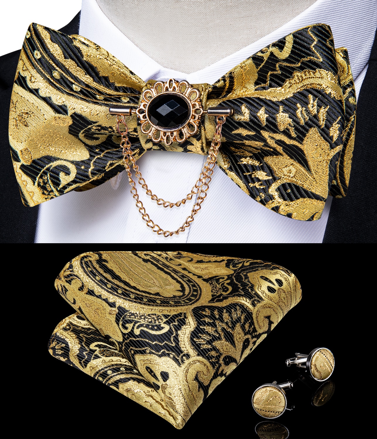 Luxury Gold Black Paisley Self Tie Men&#39;s Bow Tie Silk Woven Wedding Party Butterfly Ties Hanky Brooch Pin Set Tuxedo Bow DiBanGu
