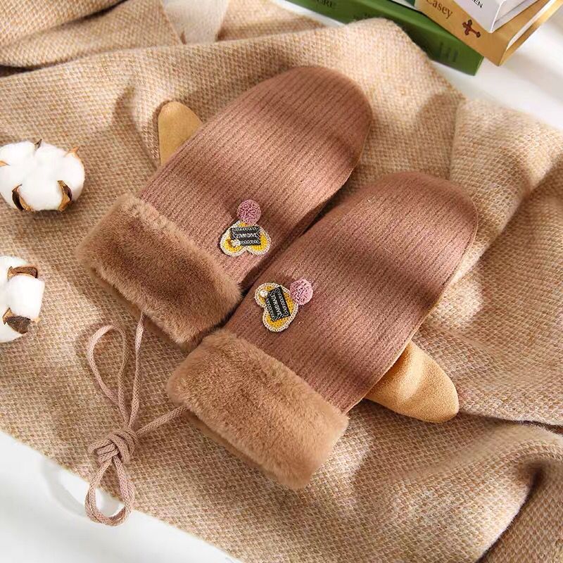 Handschuhe Winter Damen Plus Samt Dicke Warme Nette Schüler eins Frauen Herz Handschuh Neue Jahr draussen Hängen Nacken Handschuhe wolle: khaki
