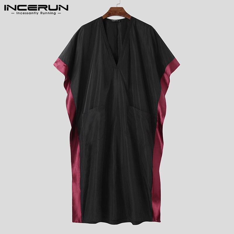 Men Muslim Jubba Thobe Half Sleeve Loose Patchwork V Neck Robes Islamic Arabic Kaftan Casual Men Clothing S-5XL INCERUN