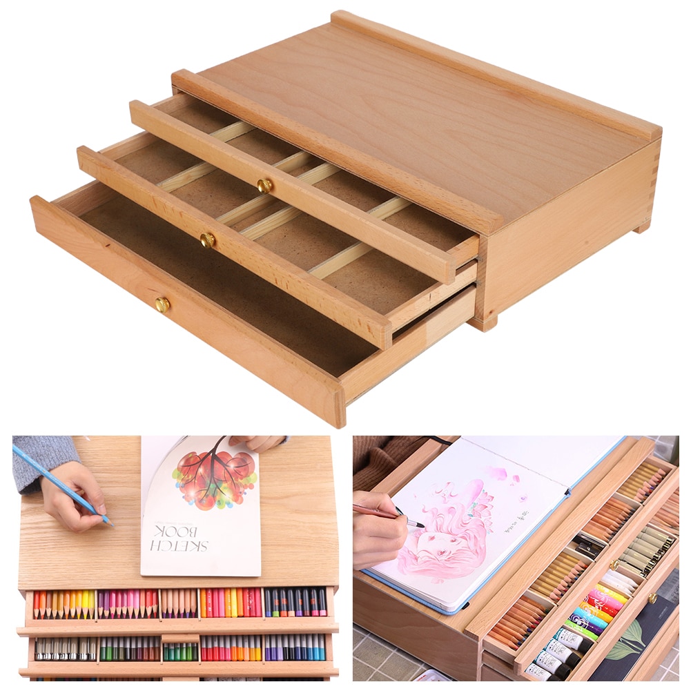 Wooden Painting Box Beech 3-Layer Portable Large Capacity Drawer Paint Storage Tool Paint Storage Box
