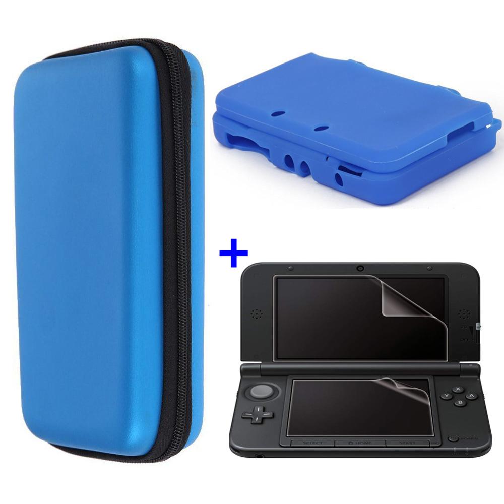Siliconen case + Clear Film Screen Protector + EVA Hard Travel Carry Case Pouch opbergtas voor nintend 3DS XL LL 3DSLL 3DSXL: Blue 3 in 1