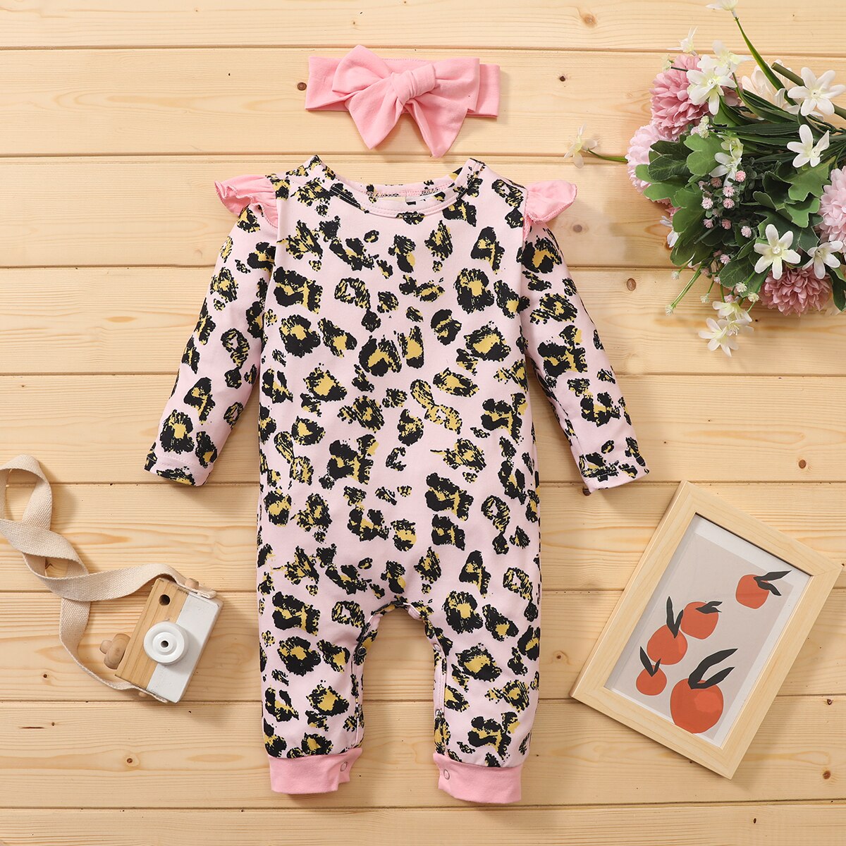 Porte-bébé 2 pièces filles garçons automne barboteuse imprimé fleuri/léopard col rond à volants manches longues combinaison + bandeau nœud