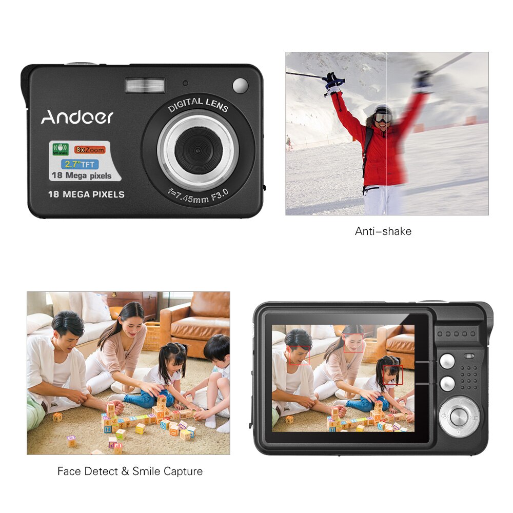 Andoer 18M HD Digital Camera 720P Video Camcorder 8X Digital Zoom Anti-shake 2.7inch LCD Video Camera with Rechargeable Battery