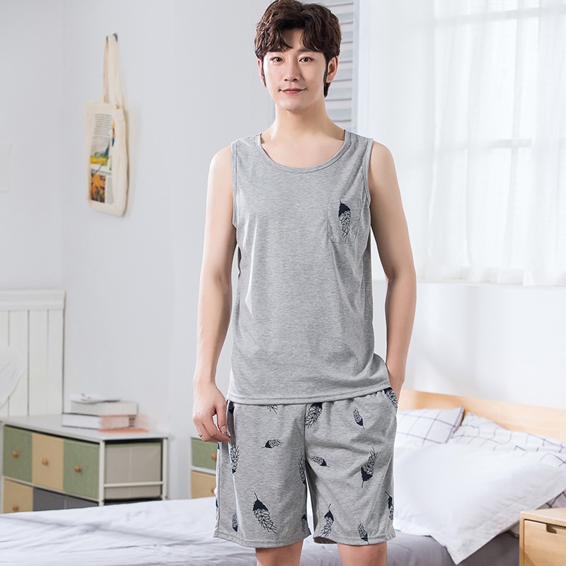 Pyjamassæt til mænd l-xxxxl sommervest pyjamassæt simpelt nattøj 100%  bomuldspyjamas til mænd korte topbukser fritidsudtøj