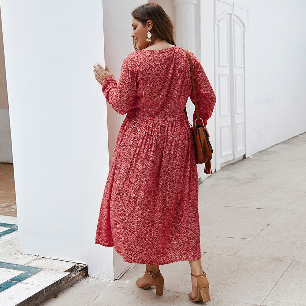Mode Vrouwen Zomer Lange Mouw Jurk Plus Size V-hals Bloemenprint Knoppen Casual Jurk Zakken Maxi Lange Jurken