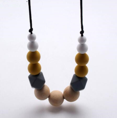 chewable silicone+original wood beads necklace baby teething teether holder toy diy teething necklace for mom no BPA: d