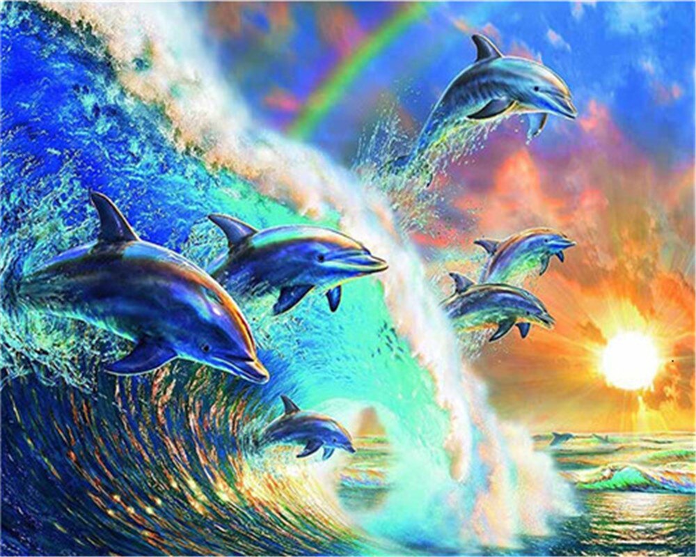 AZQSD Draw By Number On Canvas Dolphin Sunset DIY Pictures Oil Painting By Numbers Animal Home Decor HandPainted: SZGD1-4737