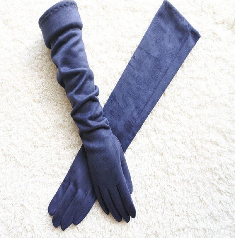 Touch Screen Gloves Warm Full Finger Gloves Winter Ladies Gloves Suede Long 50CM Arm Suede Touch Screen Thick Gloves: Blue