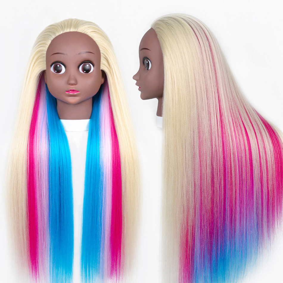 Female 3D Blue Eye Blonde Gold Human Hair Mix Synthetic Curl Training Styling Head Mannequin Doll: black