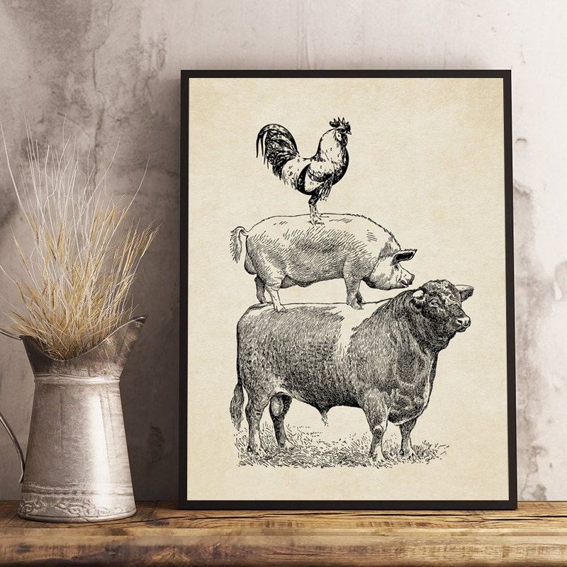Pluimvee Koe Varken Kip Vintage Poster Keuken Decor, Franse Land Boerderij Retro Poster Kraftpapier