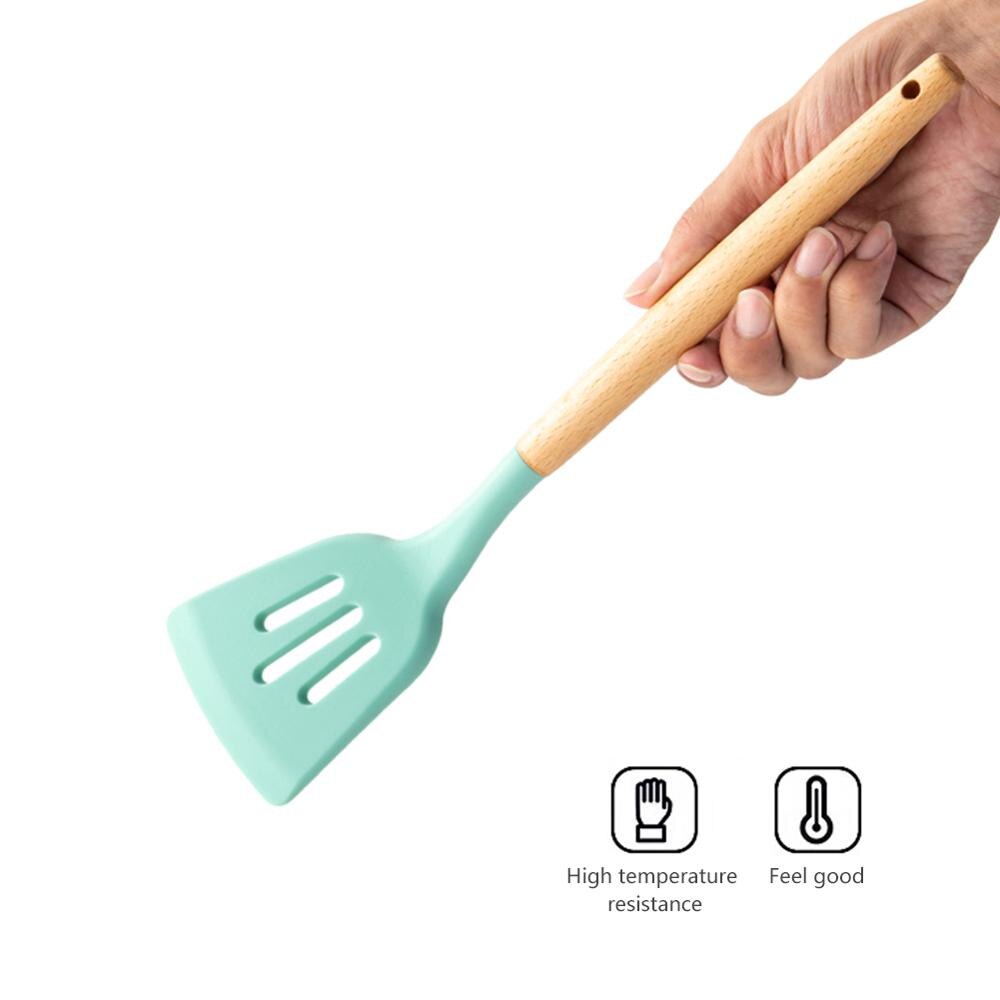 Wood Silicone Cooking Cake Utensils Natural Wood Handle Cooking Tools Turner Tongs Spoon Spatula Bakeware Kitchen Tools