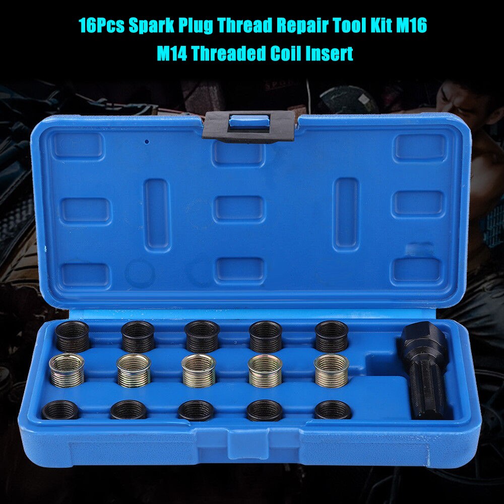 16Pcs Spark Plug Thread Repair Tool Kit M16 M14 Threaded Coil Insert
