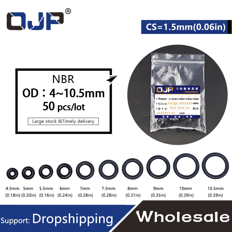 50 stk/partij Rubberen Ring NBR Afdichting O Ring CS 1.5mm OD4/4.5/5/5.5/6/6.5/7/7.5/8/8.5/9/9.5/10/10.5mm O-Ring Afdichting Pakking RingWasher.-