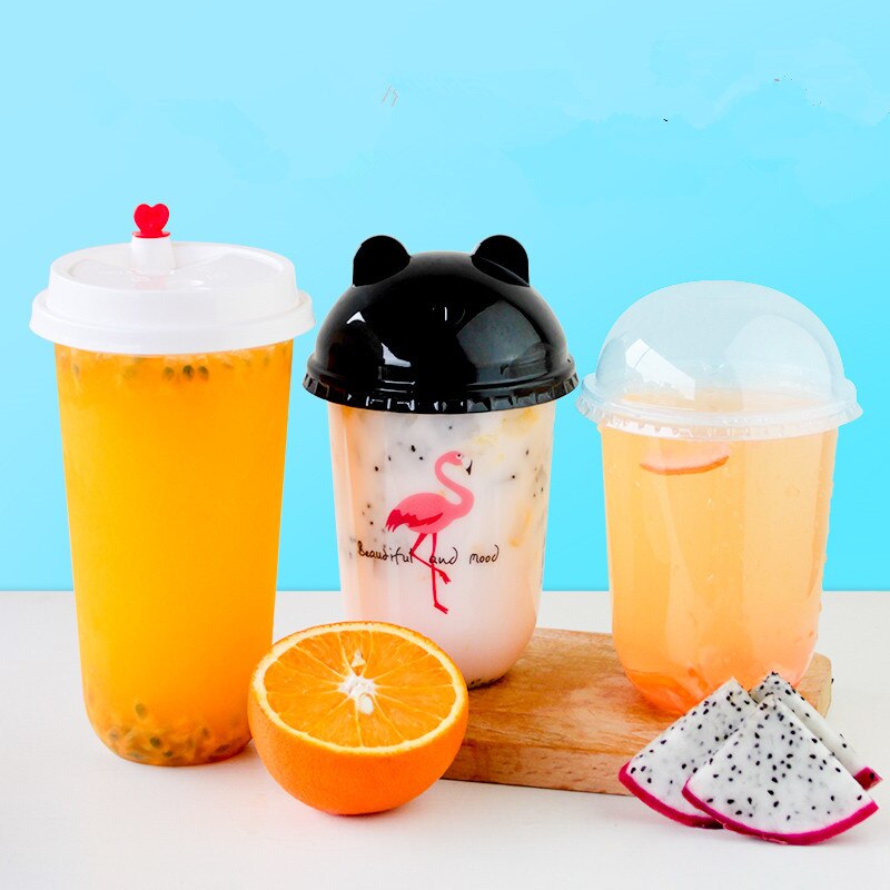 50pcs Transparent disposable plastic cup 500ml coffee drink takeaway packaging cup party birthday favor flamingo cup with lid