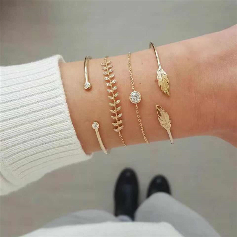 WUKALO Charm 4 stks/set Damesmode Kristal Cirkel Blad Ketting Gouden Kleur Gesimuleerde Parel Armband Set Party Bruiloft Sieraden: 83408