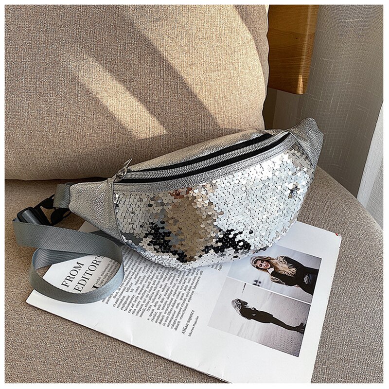 Sequin Waist Bag Women Glitter Fanny Pack for Girls Belt Bag Ladies Colorful Hip Bum Pouch Crossbody Chest with Adjustable Strap: Sliver