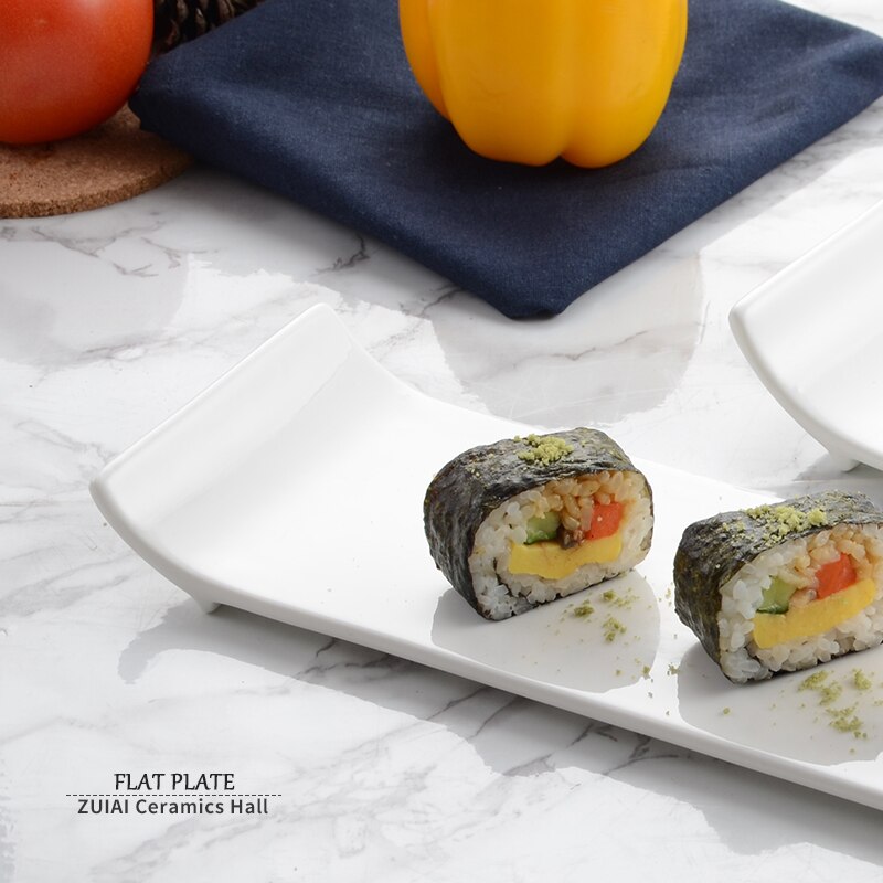 Pure white hotel tableware ceramic flat plate warped side plate rectangular flat plate sushi plate cake plate western-style plat