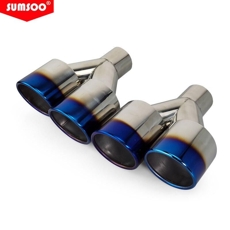 Genuine sumsoo double exhaust tip burnt blue stainless steel straight edge polished silver welding muffler tail pipe