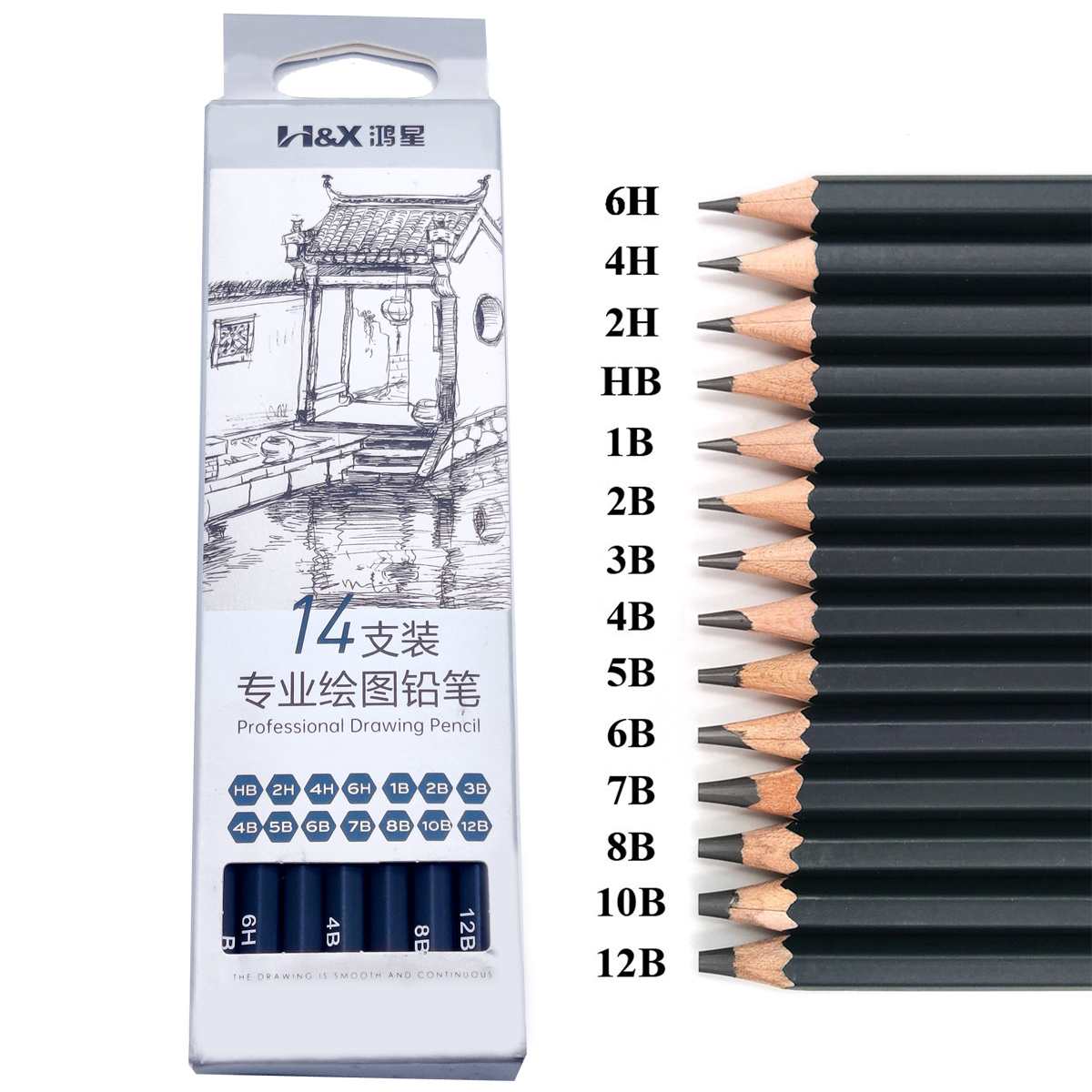 14pcs/Box Kasimir Drawing Pencil Set Art Sketch Thick Lead HB 2H 4H 6H B 2B 3B 4B 5B 6B 7B 8B 9B 10B 12B Pencils for School