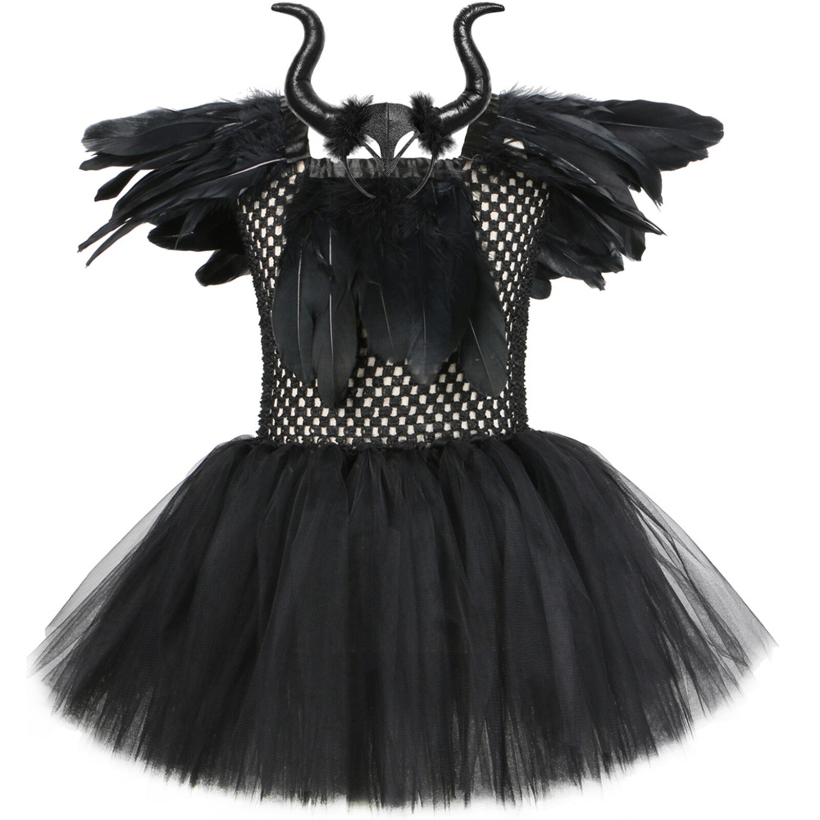 Kids Girls Halloween Costumes Children Princess Tulle Tutu Dress Ankle Length Dresses Devil Carnival Cosplay Outfits Horns Wings: Black Feather / 10