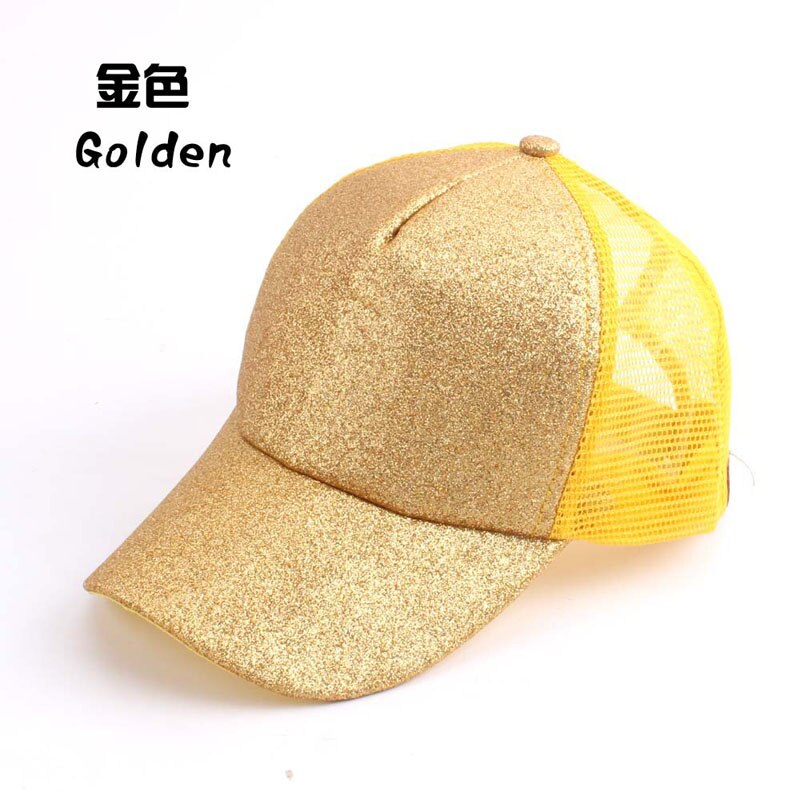 Summer Mesh Baseball Caps For Women Glitter Matte Ponytail Cap Shining Sequins Messy Bun Snapback Hip Hop Hat: gold