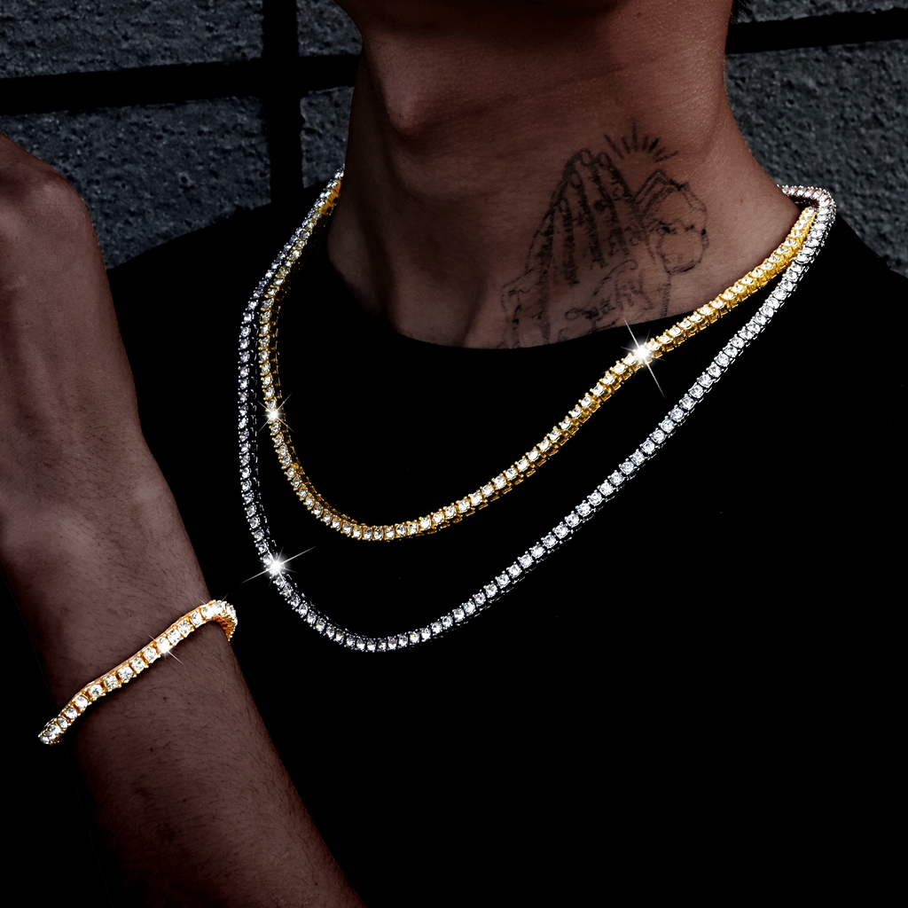 1 row Rhinestone men's hip hop Necklace rap singer Necklace ice tennis chain necklace shiny women's Necklace