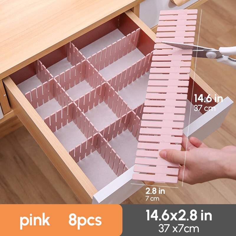 8pcs Plastic Drawer Separator Divider Partition Storage Organizer Underwear Socks makeup Clapboard Freely combine partition DIY: Pink  8pcs