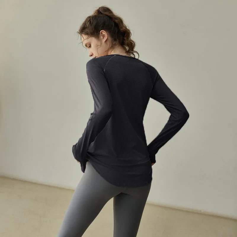 Ademende kleurblok sport yogaset met lange mouwen voor dames afslankende fitnesskleding hoge esthetische waarde: XL / Black