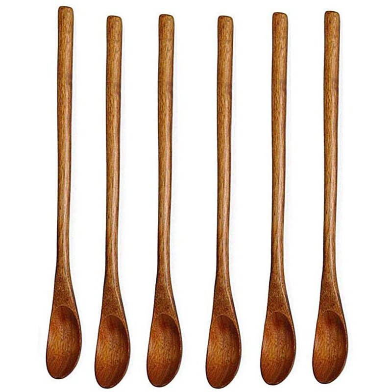 Natural Long Handle Wooden Mixing Spoons Coffee Tea Honey Stirring Serving Utensils Set of 6