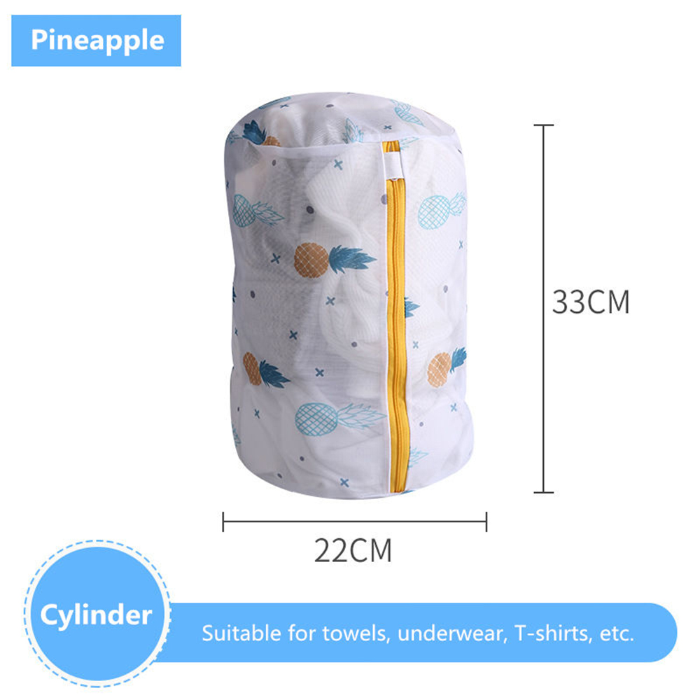 Pineapple Printing Zippered Mesh Laundry Bag Polyester Wash Net Bag For Underwear Sock Washing Machine Pouch Clothes Bra Bags: Cylindrical 22X33cm