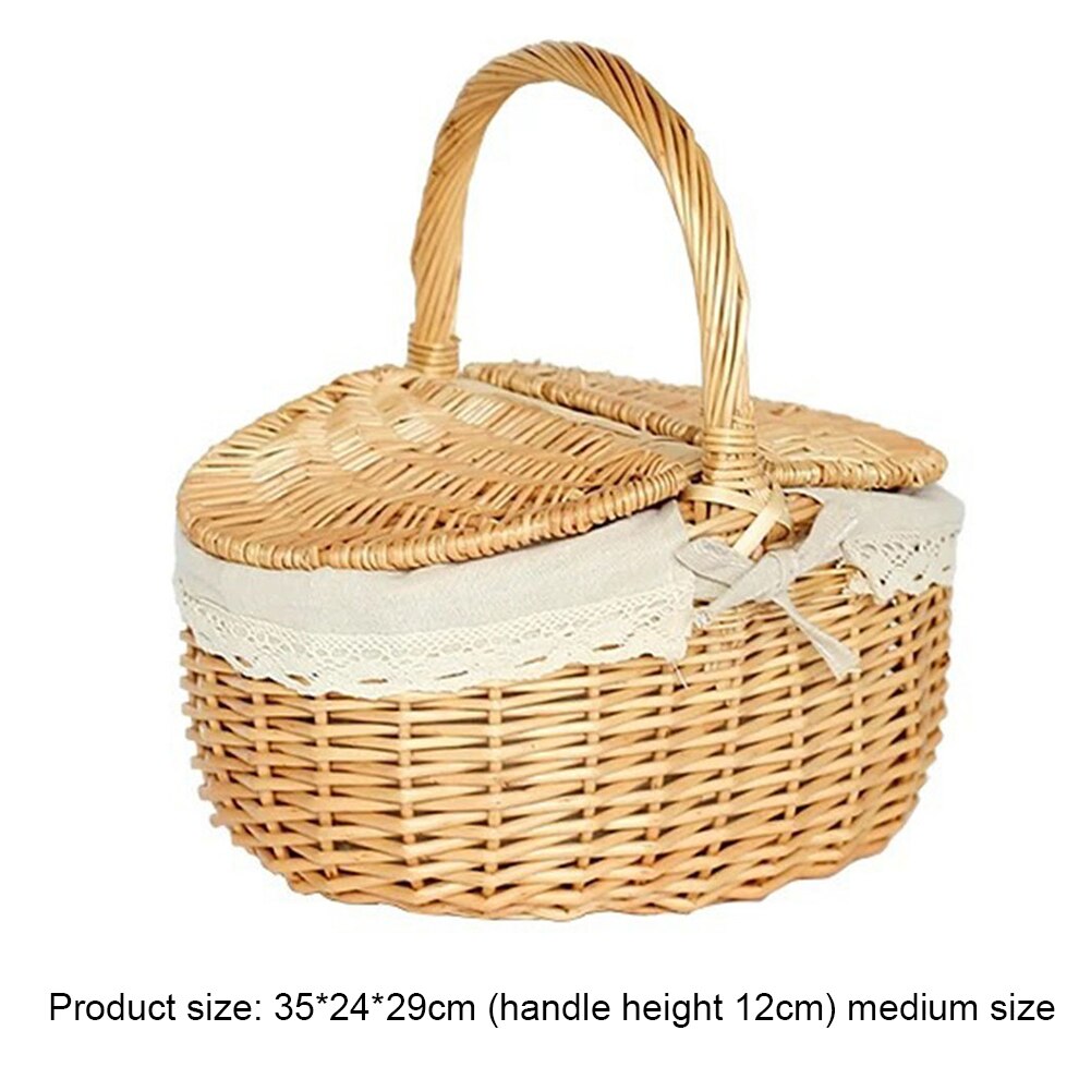 Grand panier de pique-nique en osier fait à la main avec poignée, panier de rangement à Double couvercle pour Camping pique-nique en osier tissé: A