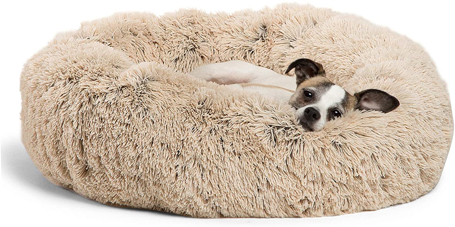 Lit Donut calmant pour chat et chien, en fourrure à poils longs, dimensions et valeur de lot pour animaux domestiques jusqu'à 150 livres, lavable en Machine: Frost / Large 36  inches