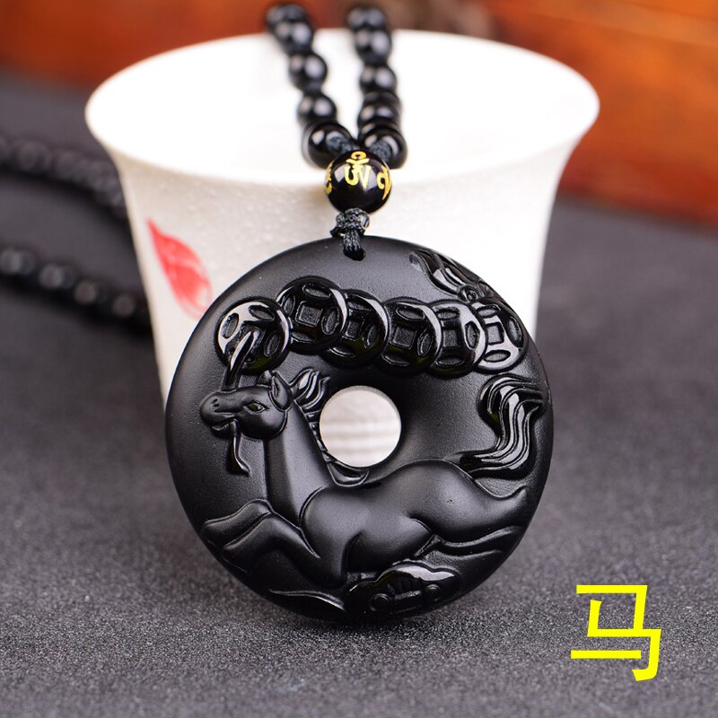 Chinese Zodiac Obsidian Dragon Tiger Pendant Necklace Charm Jewellery Accessories Hand-Carved Man Lucky Amulet: Horse