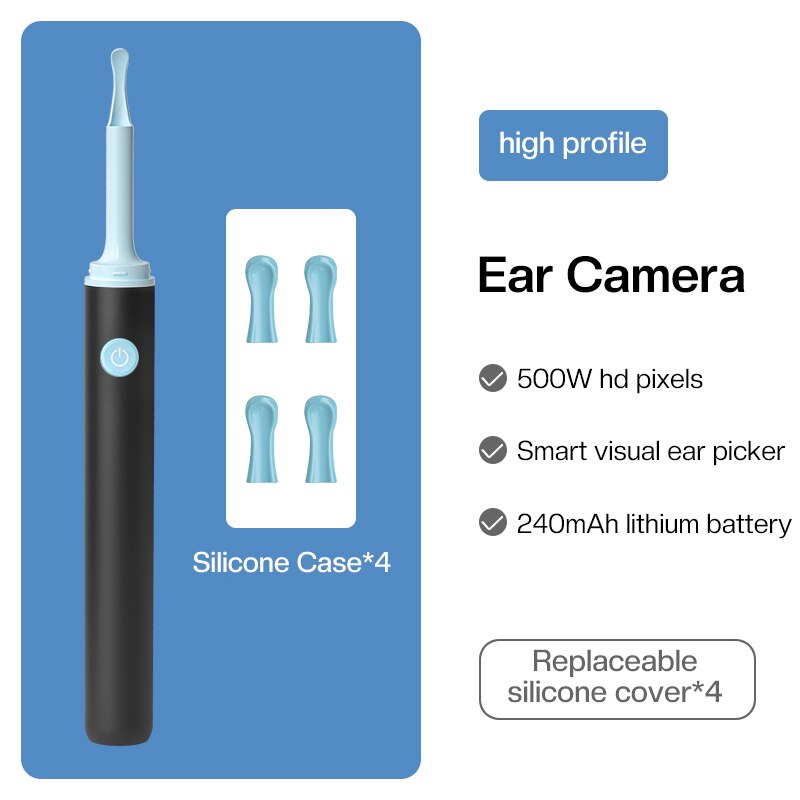 Wireless Smart Visual Ear Cleaner Endoscope Camera 500W HD Mini Camera IP67 Waterproof Endoscope Otoscope Ear Cleaning Picker: Black
