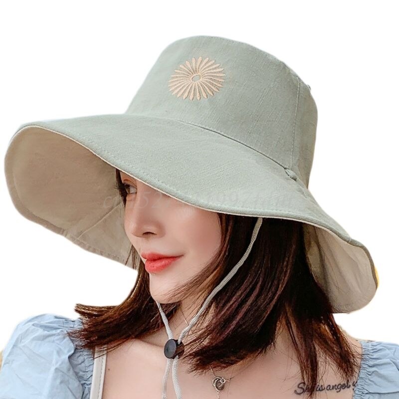 Women Summer Leisure Floppy Beach Sun Hat Reversible Sweet Daisy Sunflower Embroidery Wide Brim UV Protection Bucket Hat: GN