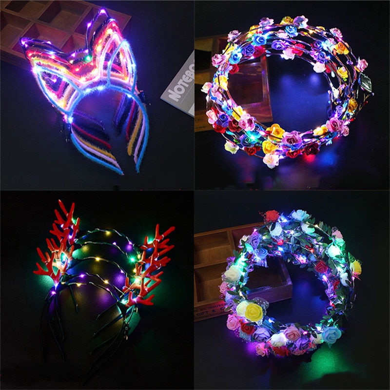 12 stücke Party Glowing Kranz Halloween Crown Blume Stirnband Frauen Mädchen LED Licht Up Haar Kranz Haarband Girlanden Festival