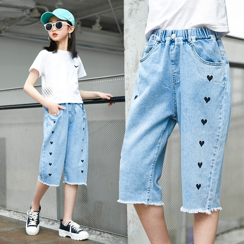Meisjes Jeans Kids Meisjes Kleding Kinderen Elastische Taille Casual Jeans Kinderen Meisjes Liefde Print Korte Broek Aankomst Zomer Broek
