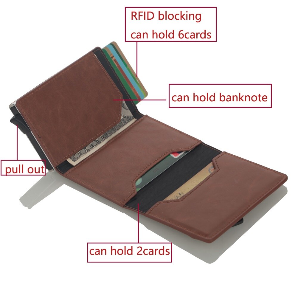Porta tarjetas de crédito antirrobo para hombre, billetera de cuero Rfid con bloqueo, tarjetero metálico de aluminio Unisex con información de seguridad