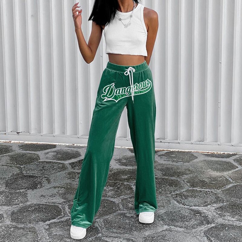 2021 moda feminina sweatpants jogger cintura alta carta bordado em linha reta calças casuais veludo de ouro perna larga streetwear