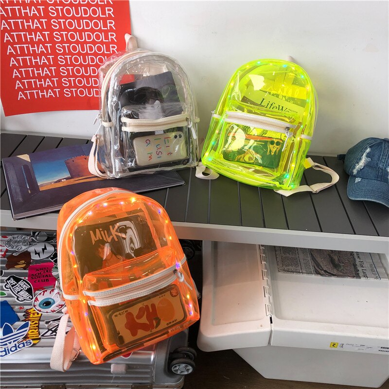 Pvc Waterproof Transparent School Bag With Light Backpacks Large Capacity Backpack Solid Clear Backpack