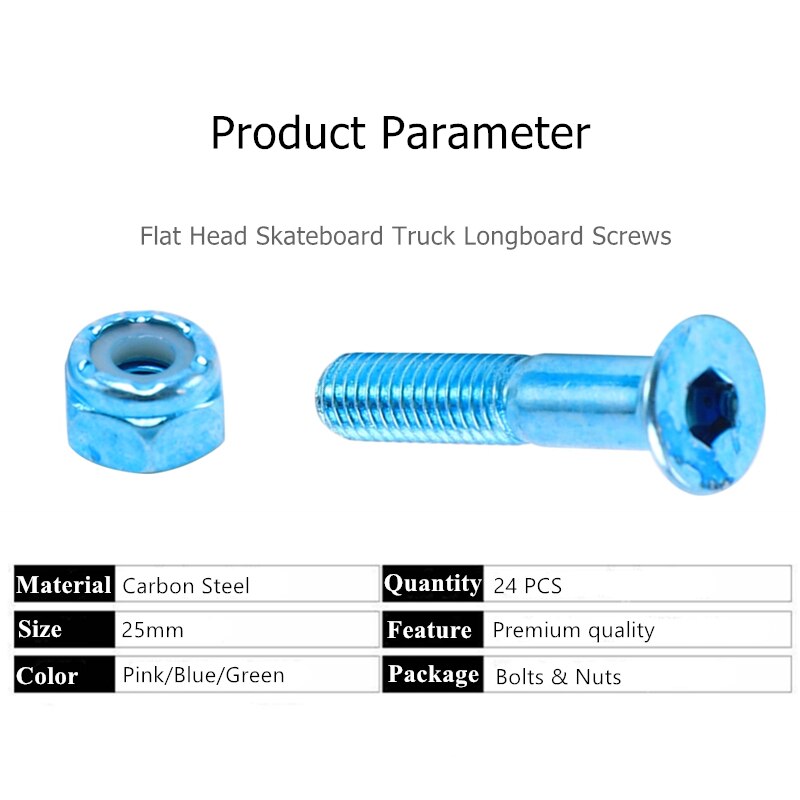 Sæt  of 24 stk fladt hoved udskiftning skateboard truck hardware longboard monteringsskruer bolte 2.54 cm / 1 tommer