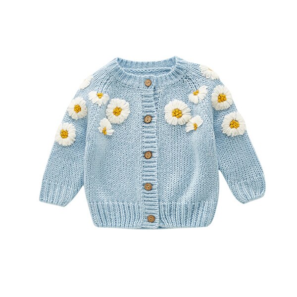 Blotona – Cardigan tricoté pour bébés filles, haut décontracté à col rond et manches longues, avec broderie marguerite, à simple boutonnage, pour l&#39;automne et l&#39;hiver: Bleu / 100